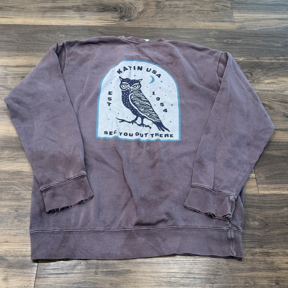 Katin Sweatshirt Mens Medium Purple Owl Graphic Crewneck Pullover Fleece USA